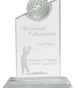 Crystal with inset Golf Ball on Clear Base – 7 1/4″