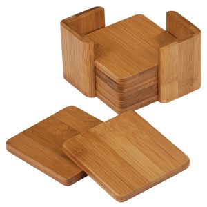 3 3/4″ x 3 3/4″ Bamboo Square 6-Coaster Set with Holder