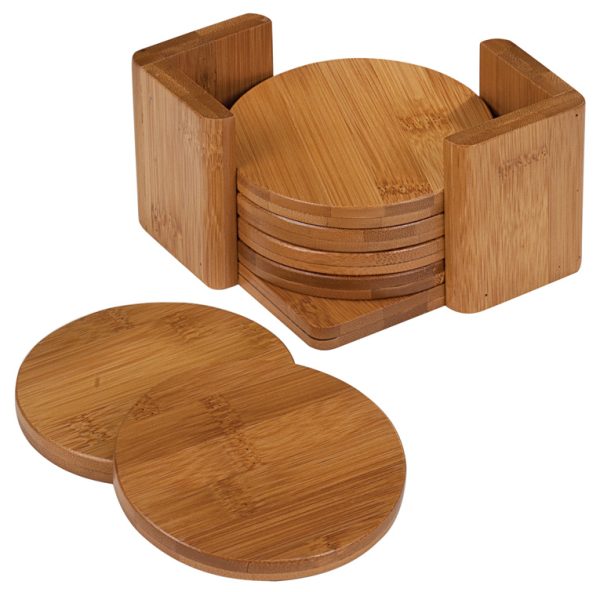 CST12 - 3 3/4" Bamboo Round 6-Coaster Set with Holder