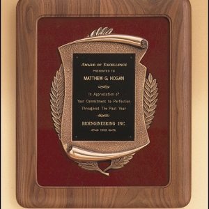 14″ x 17″ Walnut and Maroon Velour Plaque with Bronze Scroll Casting